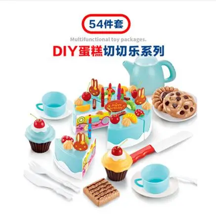 54pcs Kitchen Pretend Play House Dishes Kid Toy Cutting Birthday Cake Food Toy Kitchen Plastic Play Food Tea Set 2021