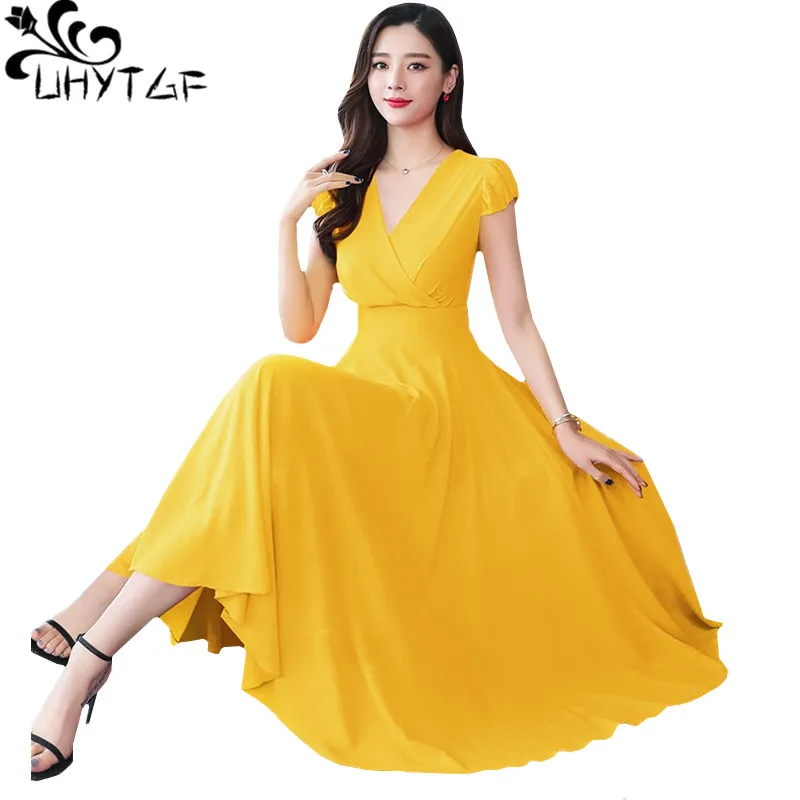 

UHYTGF High End Chiffon Beach Dress Korean Large Swing Bohemia Long Dress Elegant Women Summer Dress Loose Size Party Dresses338