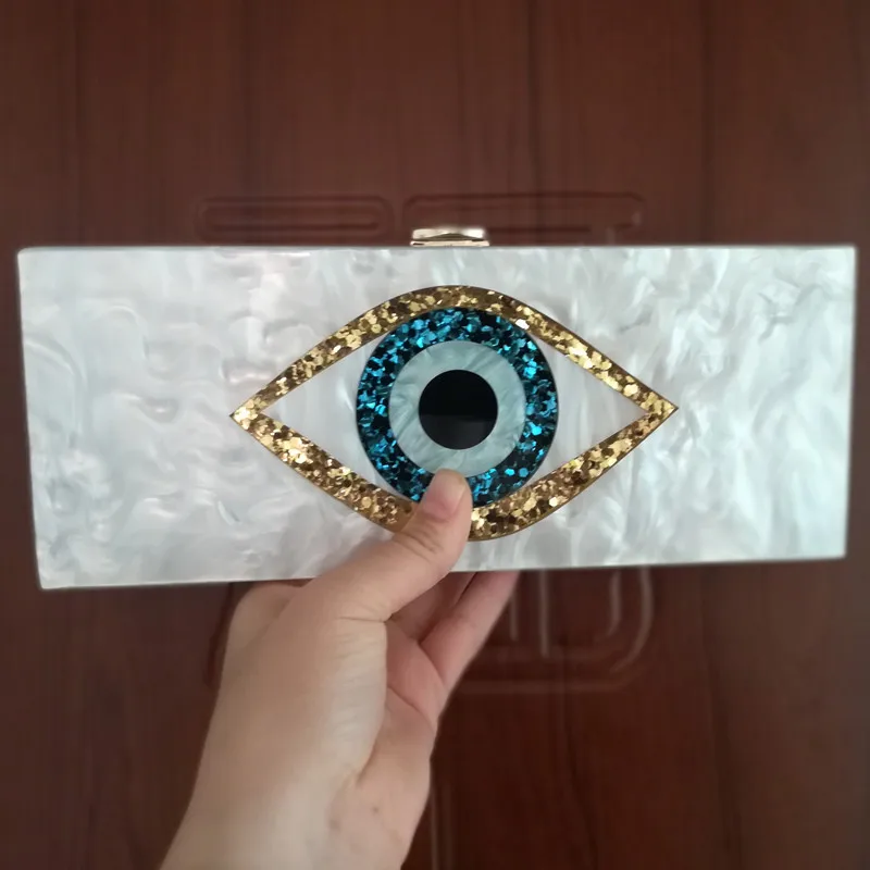 Black Patchwork Gold Glitter Evil Eye Acrylic Pvc Plastic Box Clutches Summer Beach Travel Evening Handbags Women Acrylic Bags