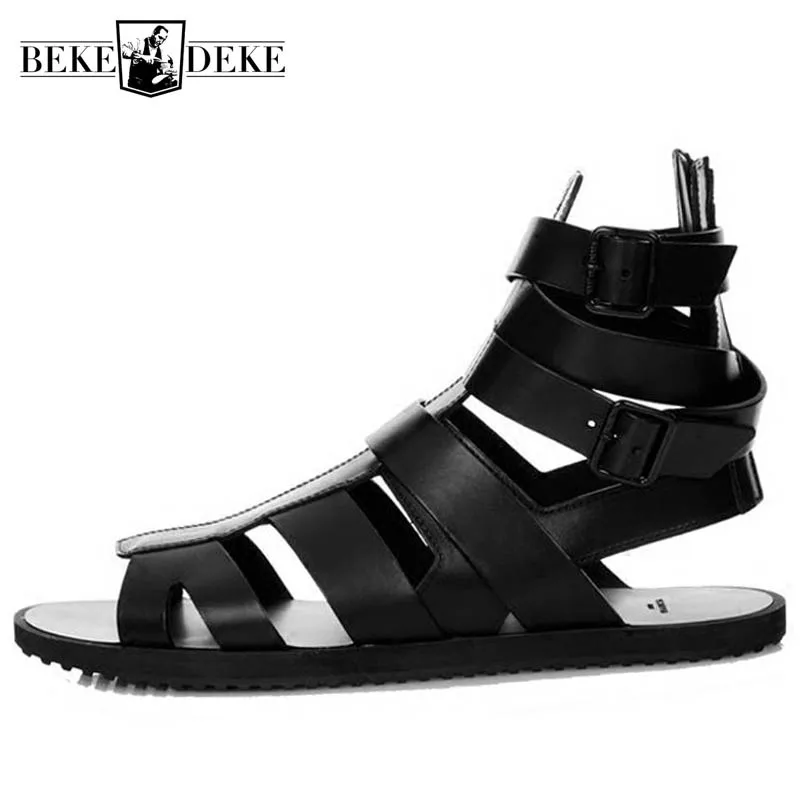 

Black Sandals Men Summer Buckle Sandals Boots Genuine Leather Gladiator Sandals High Top Beach Sandalia Slides size 45