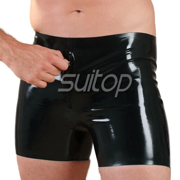 

Suitop fress Shipping latex tight short pants with front zip for men