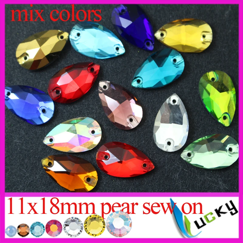 72pcs MIX colors 11x18mm pear shape sew on crystals with two holes flat back rhinestones