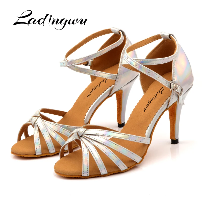 Ladingwu Latin Dance Shoes Salsa Dance shoes Silver discoloration PU Ballroom Dance Shoes Women Heel 6-10cm