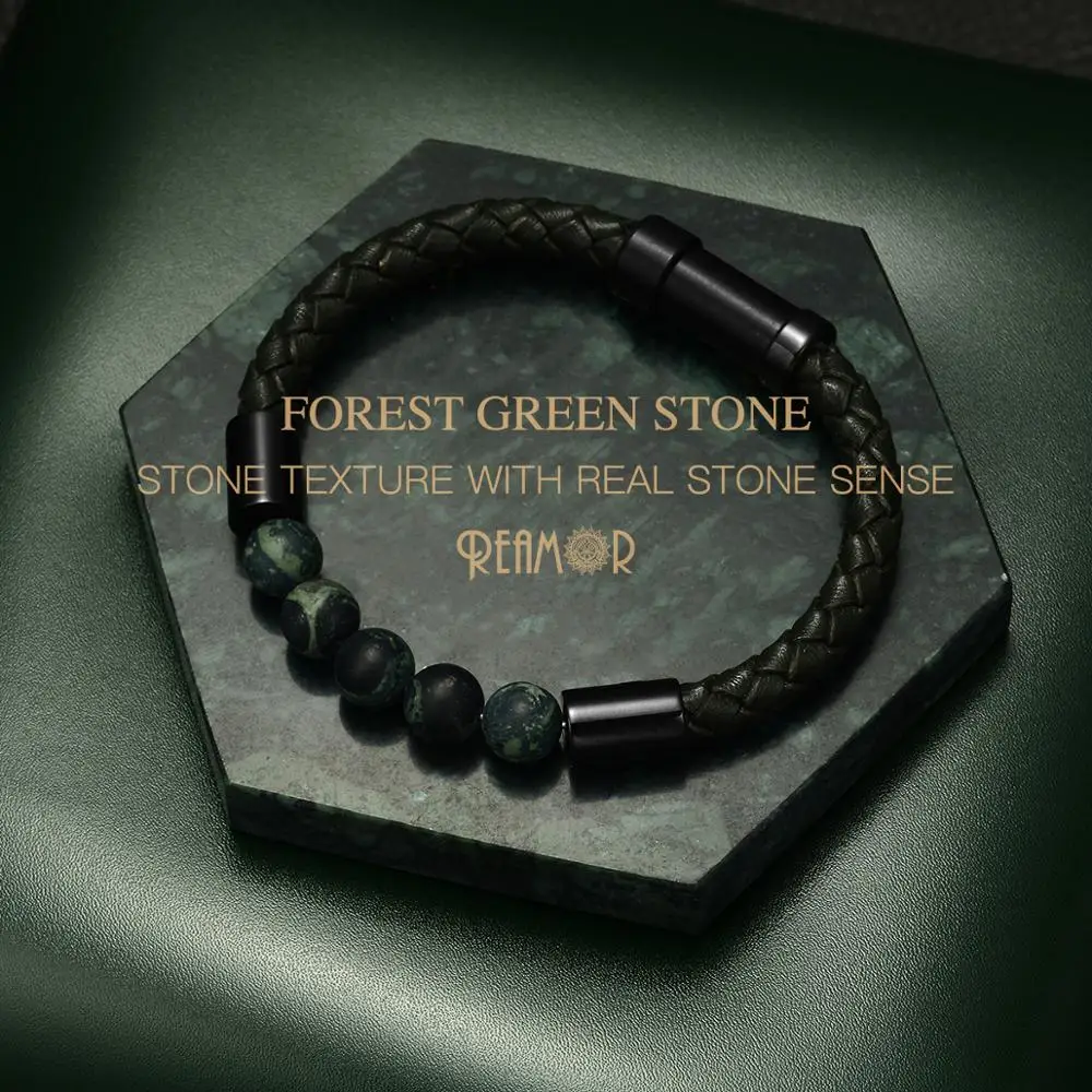 REAMOR Forest Green Natural Stone Texture Bracelets Men Retro Genuine Braided Leather Stainless steel Embedded Clasp Bangles