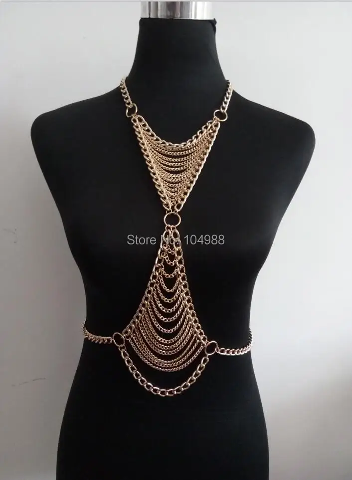 FREE SHIPPING NEW STYLE B733 Women Rock Harness Gold Colour Chains Unique Design V Necked Body Chains Jewelry 3 Colors B733