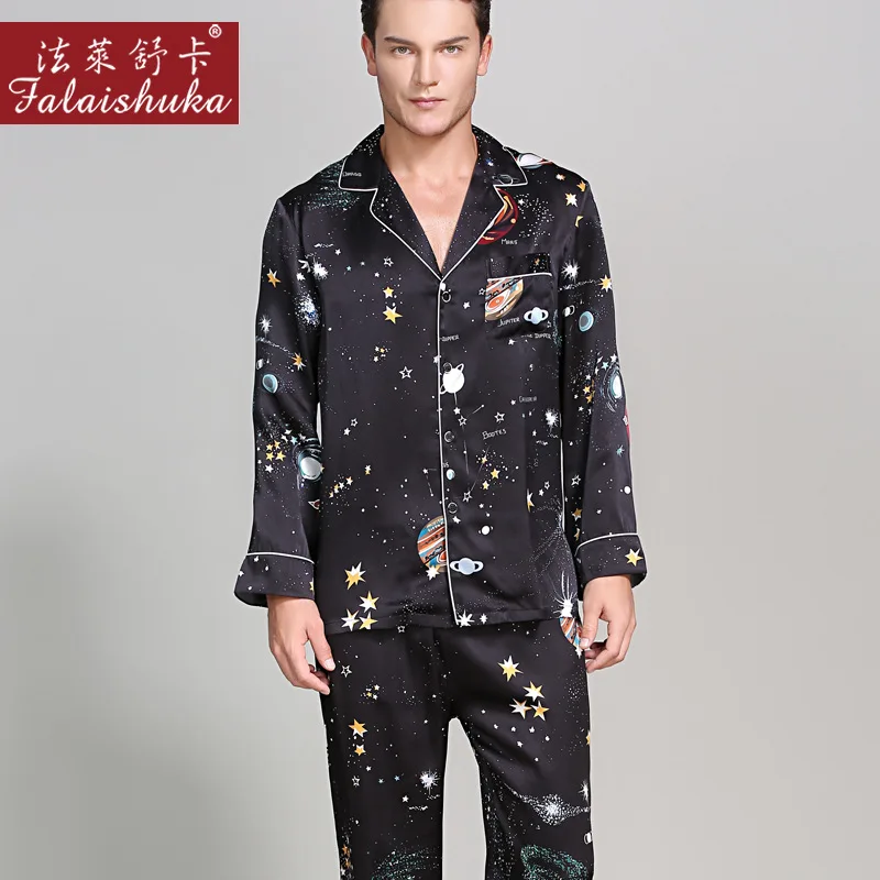 100% Silk Man Pajamas Romantic Starry Sky Printed Long-Sleeve 19 MM Sleepwear Male Two-Piece Silkworm Silk Pyjama Sets T9020