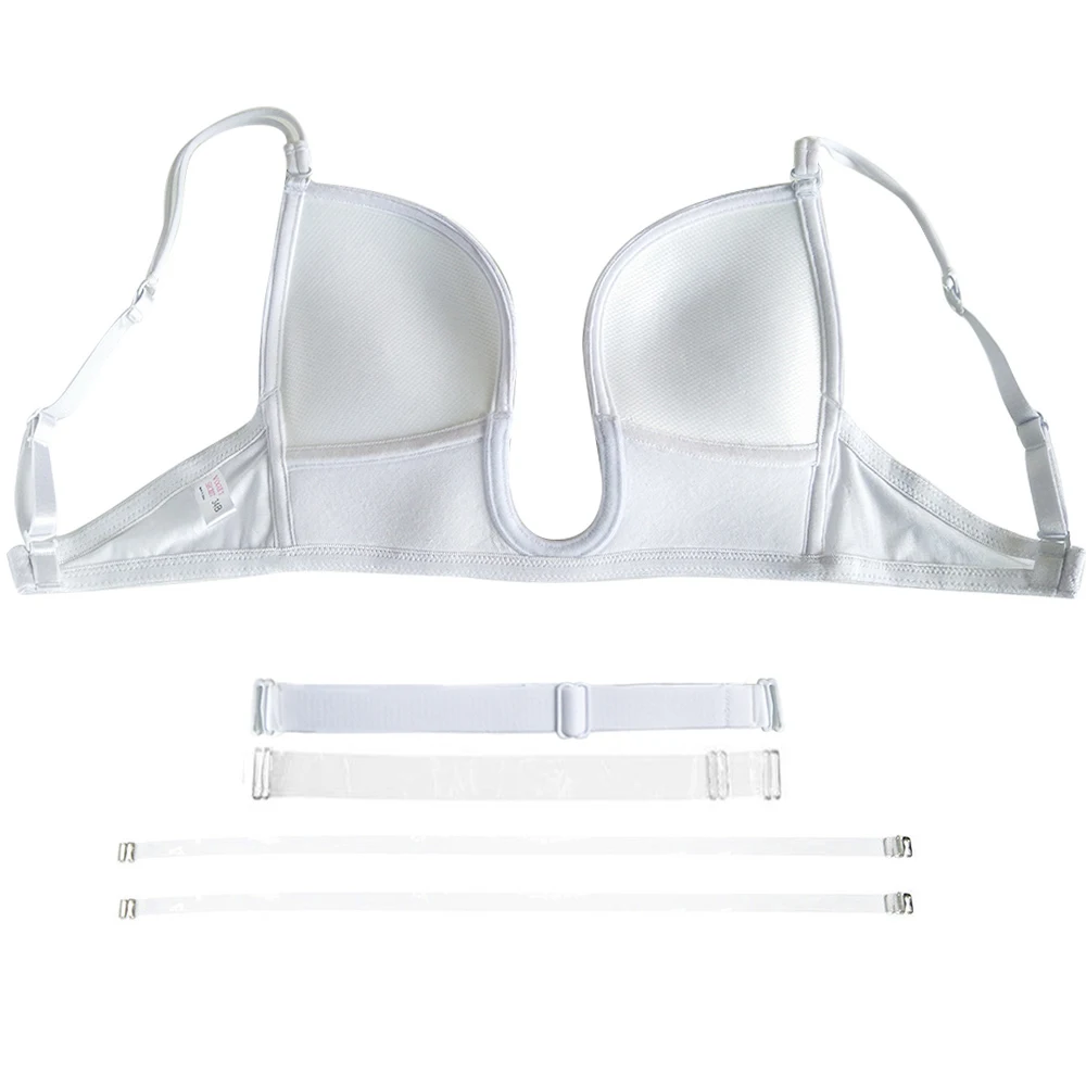 YANDW White Push up Bra sexy plunge Deep Gather Simple transparent Straps Floral Silicone women bra 70 75 80 85 90 95 A B C D E