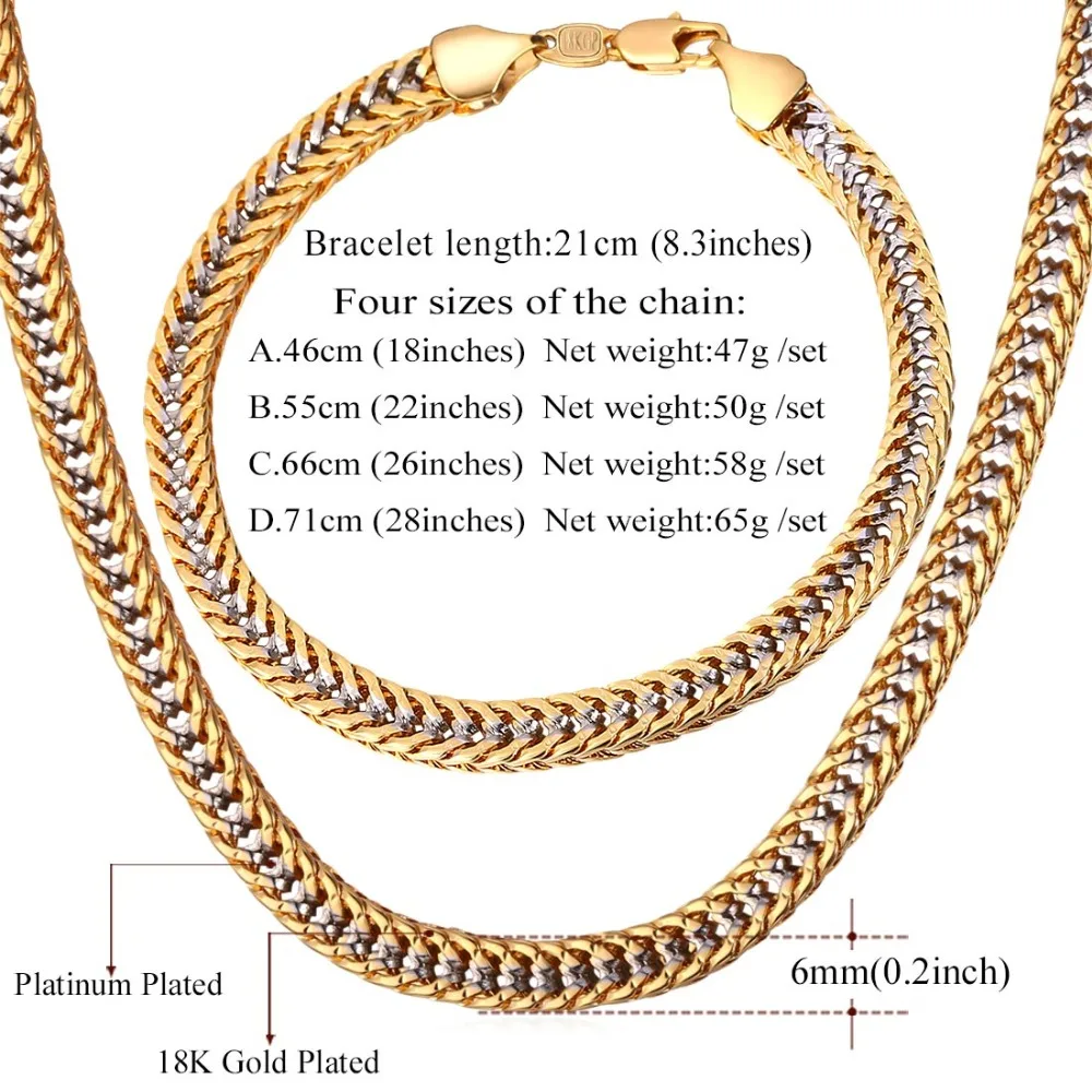 U7 Two Tone Gold Color Necklace Set Franco Chain Necklace Bracelet Men Jewelry Set Wholesale Punk Style S707