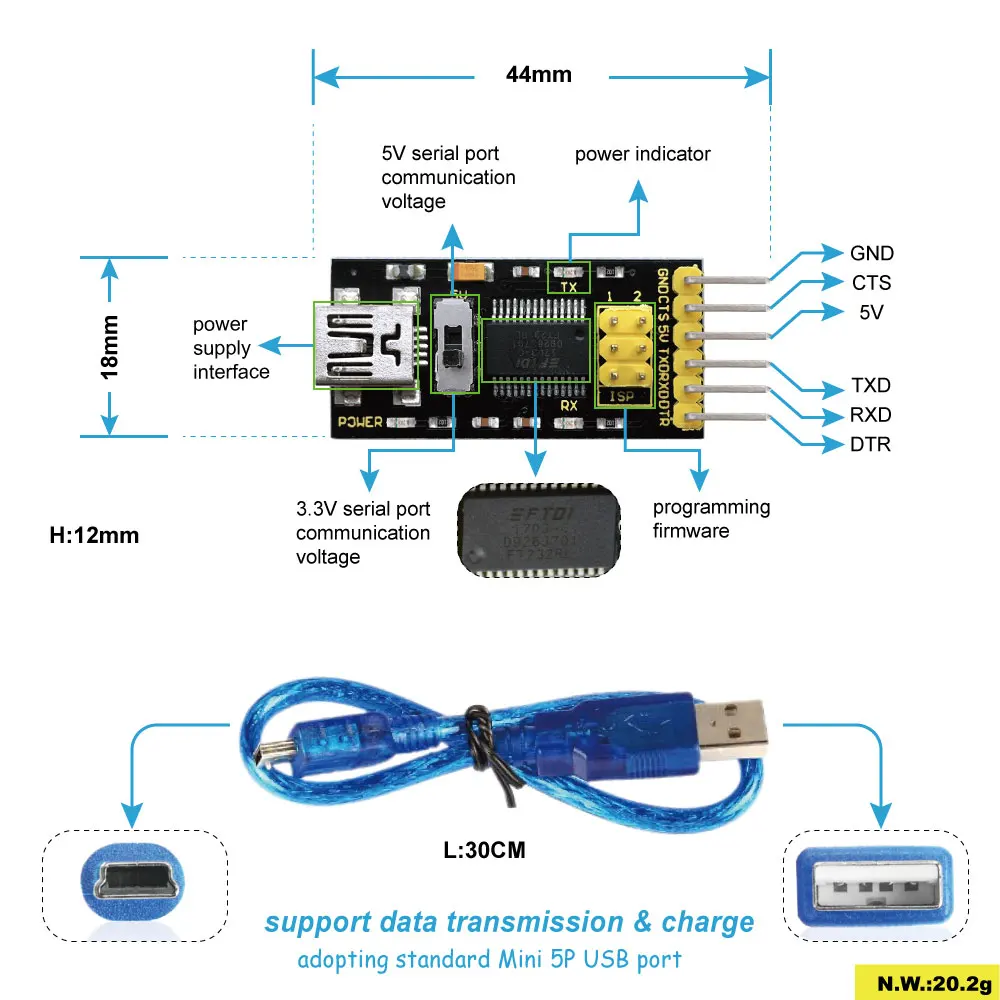 Keyestudio FTDI(original chips) Basic Program Downloader USB to TTL FT232+USB cable for Arduino