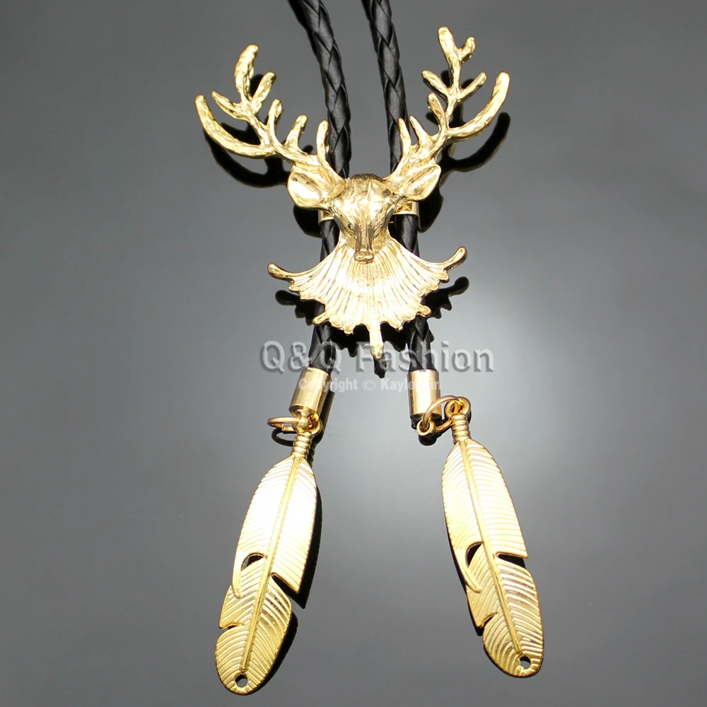 Western Cowboy Deer Head Horn Antler Stag Feather Rodeo Leather Bolo Tie Jewelry New Men Necktie Fashion Accessories Gift