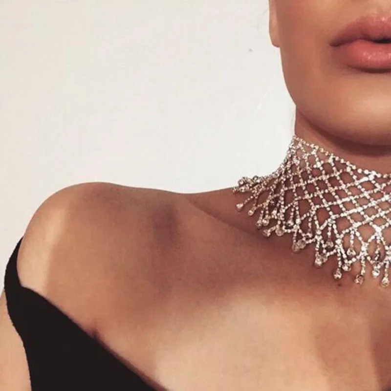 luxury Rhinestone Chain Choker Necklace For Women Elegant Full Crystal Tassel Choker Collar Fashion Bridal Jewelry ColliersColar