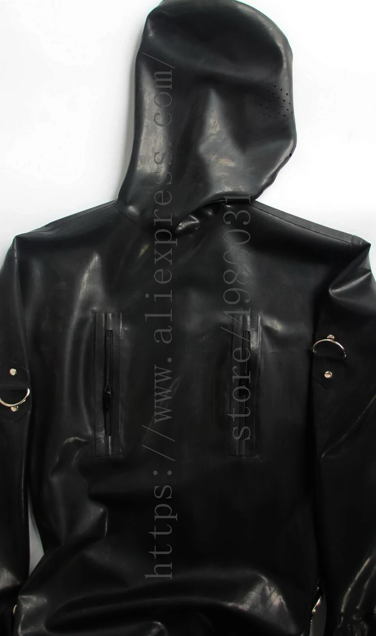

D ring buckles decorations 0.6mm heavy natural men's latex catsuit bondage with mesh eyes latex hoods