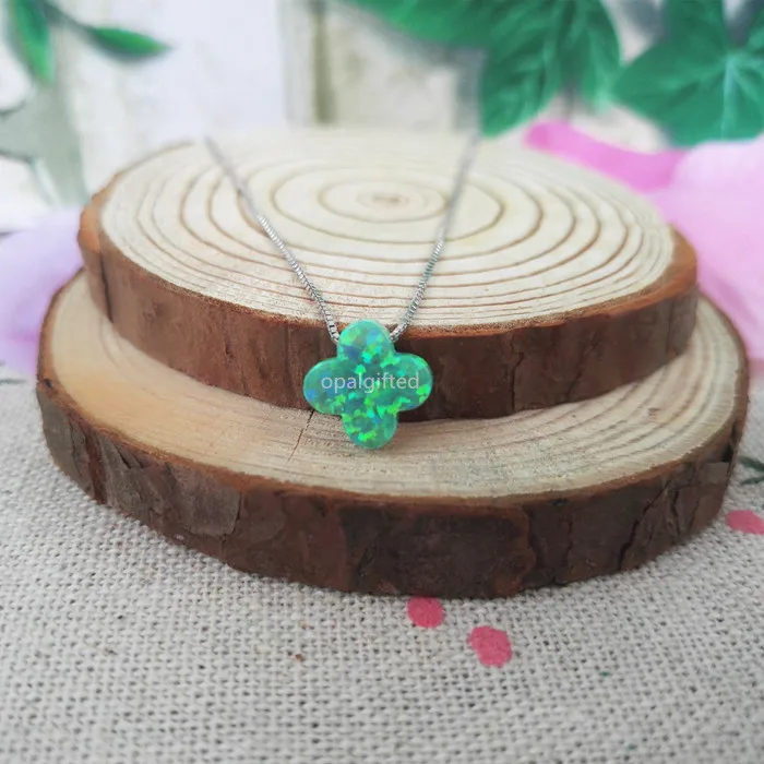 Free Shipping Lucky four leaf clover pendant necklace OP11 green fire synthetic opal clover pendant necklace wholesale price