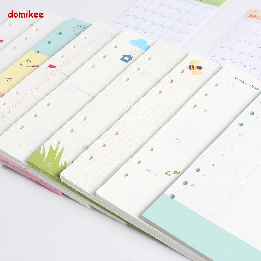 Cute 6 holes replacement inner paper core for spiral notebook:daily weekly monthly planner line grid dots list stationery A5 A6