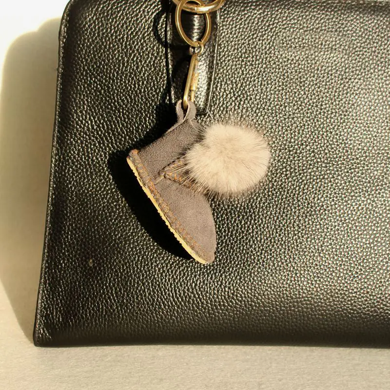 Luxury Fluffy Pompom Genuine Mink Fur Real Leather Boot Shoe Keychain For Women Car Key Chain Bagpack Charm Accessories Pendant