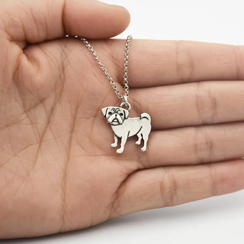 Vintage Silver Color Stainless Steel Long Chains Tiny Pug Pendant Necklace Companion Dog Necklaces For Women Men Best Gifts 2018