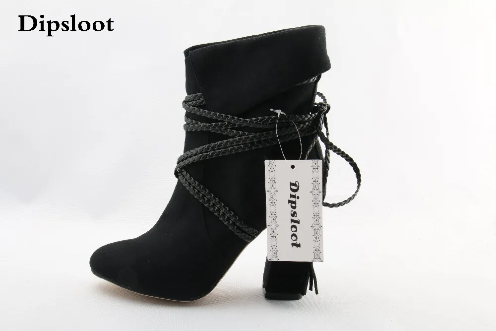 

Spring New Brand Women Black Suede Rope Lace Up Round Toe Square Heels Mid-calf Short Boots Slip On Fold Booties Ladies