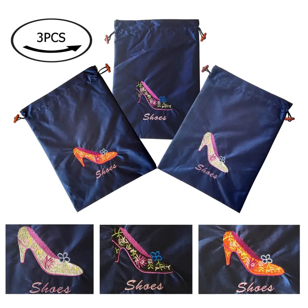 

One Pack (3 Pieces) 10.5" x 14" (L x W) Embroidered Silk Jacquard Travel Lingerie and Shoes Bags with Drawstring Closure SHB-3DB