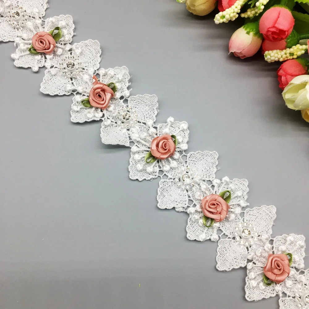 

20Pcs 5CM Diamond Rhinestones 3D Rose Flowers Soluble Fabric Lace Trim Ribbon Embroidered Handmade Applique Wedding Sewing Craft