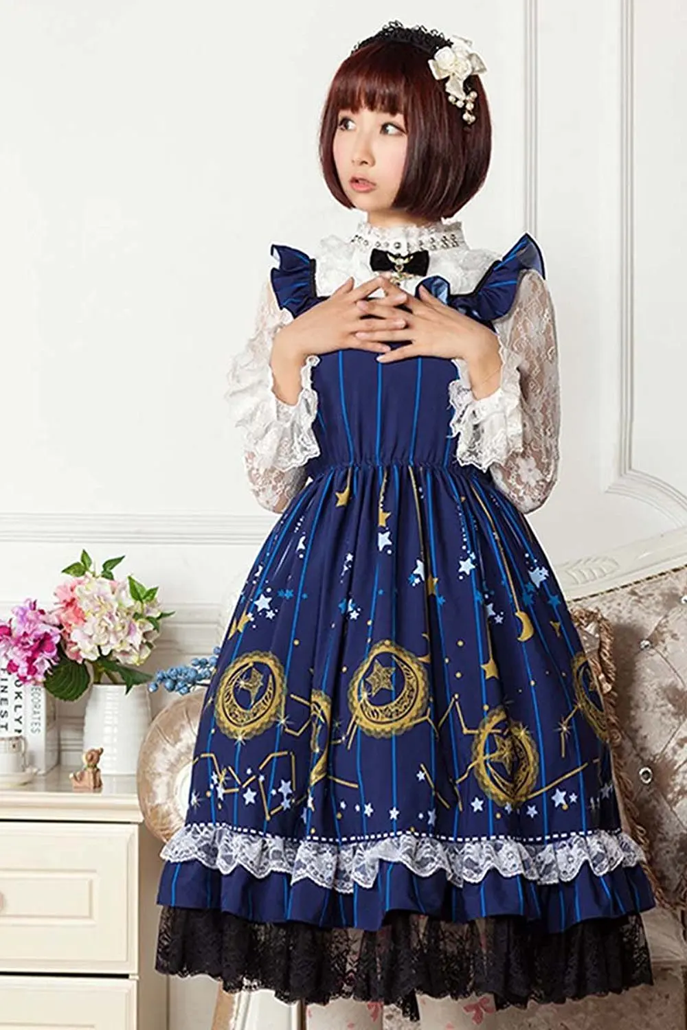 Ainclu Sweet Sleeveless Women's Deep Blue Polyester Soft Adorable Sweet Vintage Princess Suspenders Lolita Dress