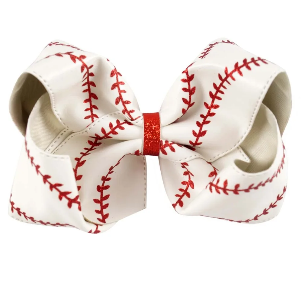 Grand nœud de Baseball en cuir avec pince à cheveux pour enfants, 7 pouces, fait à la main, paillettes, Softball, accessoires pour cheveux