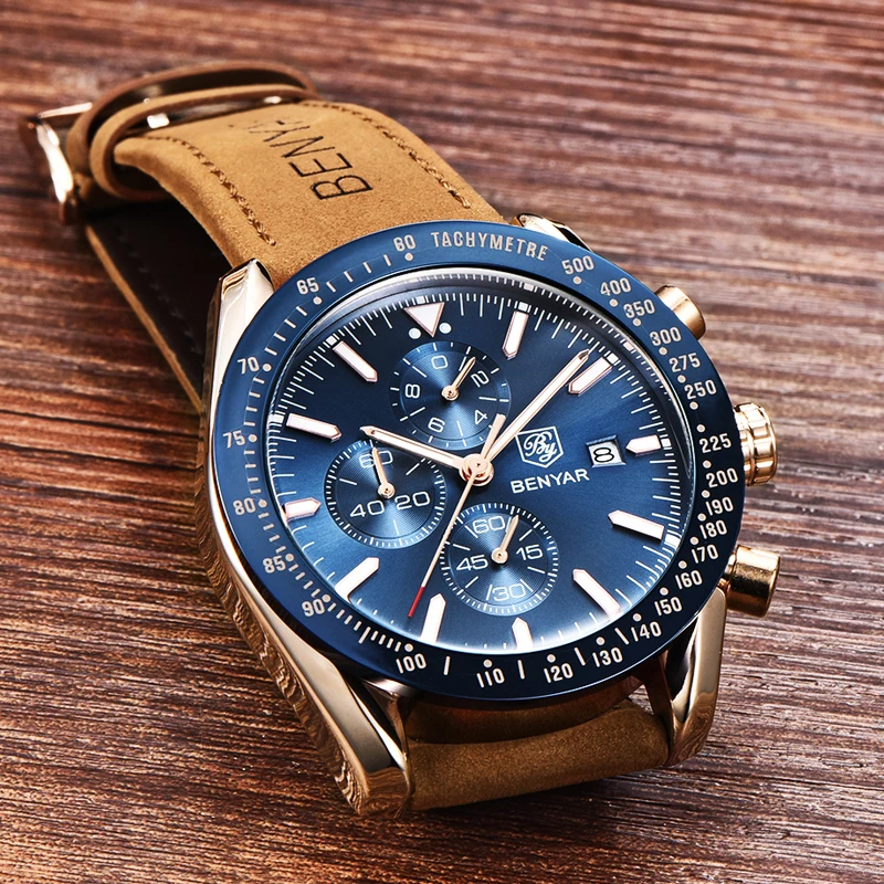BENYAR Luxury Men WatchesTop crusca orologi da polso da uomo orologio al quarzo in pelle sport impermeabile 30M orologio maschile Relogio Masculino