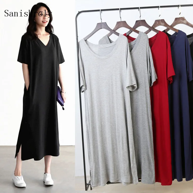 

Sanishroly Summer Women T Shirt Dress Casual Split Dresses Modal Female V-Neck Short Sleeve Long Dress Vestidos Plus Size SE614