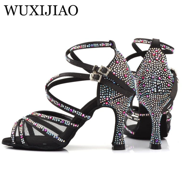 WUXIJIAO Ladies Latin dance shoes with black satin rhinestone style high heels salsa dancing shoes heel 9cm