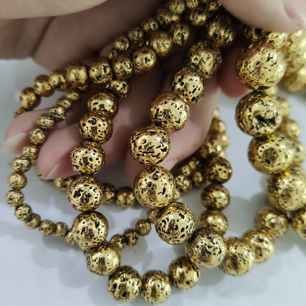 Antique Gold Color Lava Beads Natural Stone 4 6 8 10 12mm round Volcanic Rock Spacer Loose beads for Jewelry Bracelet making DIY