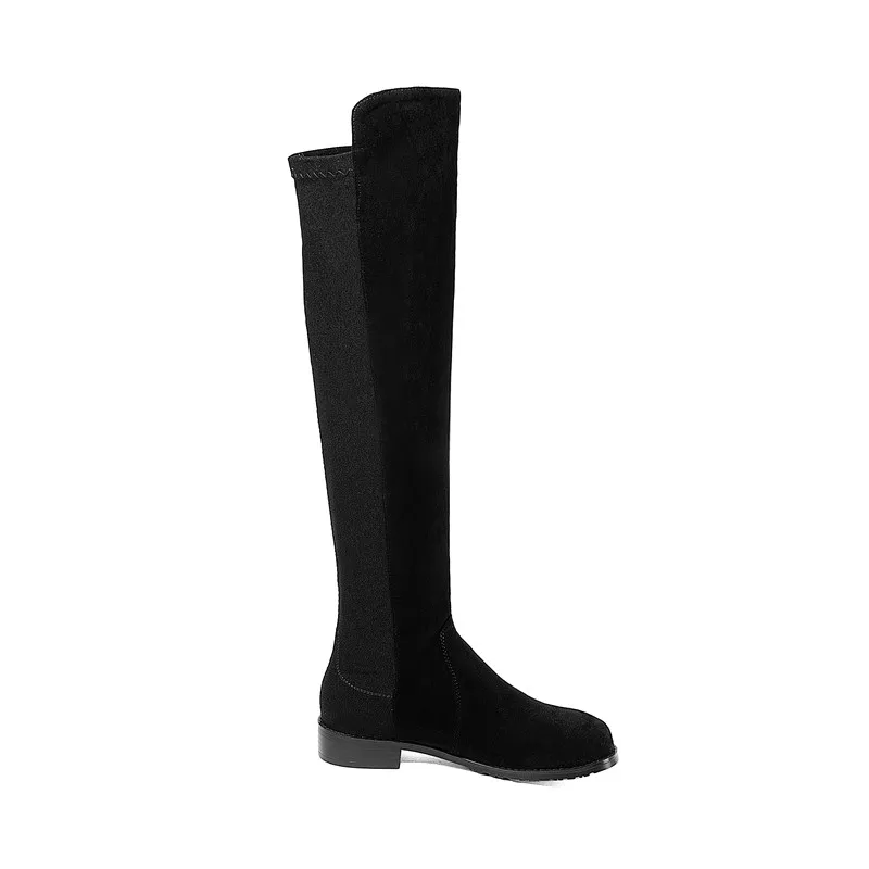 MoonMeek size 33-43 fashion autumn winter boots women round toe over the knee boots low heel stretch fabric+cow leather boots