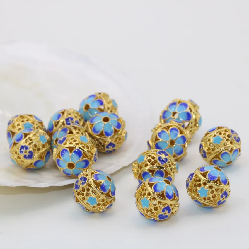 Top quality round ball hollow carved enamel cloisonne 13*14mm 5pcs gold-color spacers accessories beads fashion jewelry B2515