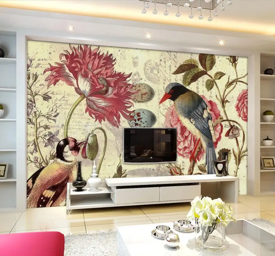 

Beibehang Home decoration wallpaper living room bedroom murals European style hand-painted flowers and birds mural 3d wallpaper