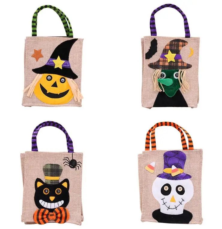 

50pcs Halloween Decoration Party Gift Bag Pumpkin Witch Skeleton Ghost Linen Totes Candy Present Packing Bags