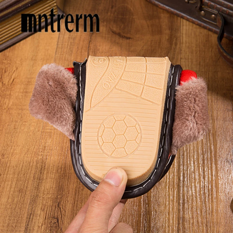 Mntrerm New Winter Men Genuine Leather Slippers Fur Warm Plush Leather Stitching Slides Oxford Flat Man Home Waterproof Shoes