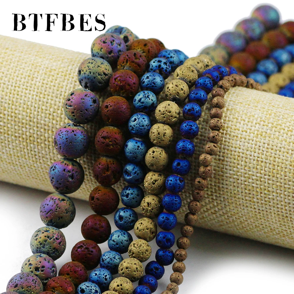 BTFBES Plating Multicolor Optional Lava Beads 4 6 8 10 12mm Volcanic Rock Natural Stone Loose beads DIY Jewelry Bracelet Making