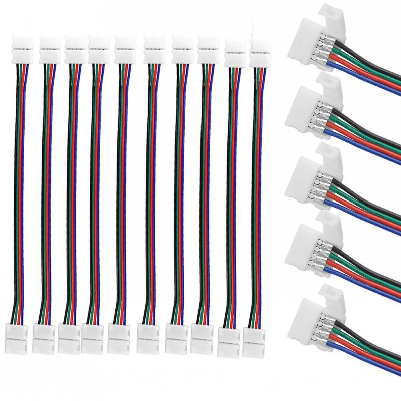 5PC 4 pin 10mm RGB led Connector Adapter with double solderless CLips  wire Cable