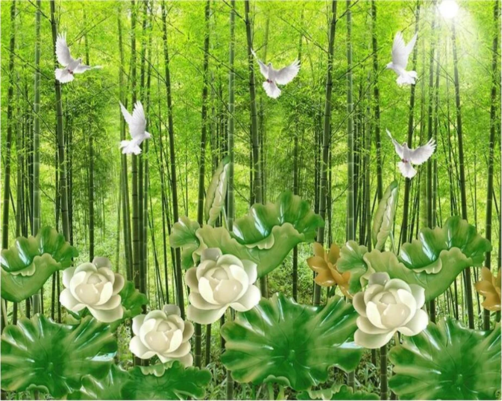 wellyu Custom wallpaper 3d Photo Murals papel de parede Bamboo Lotus Jade Carving Background Lotus Glass 3d Wallpaper painting