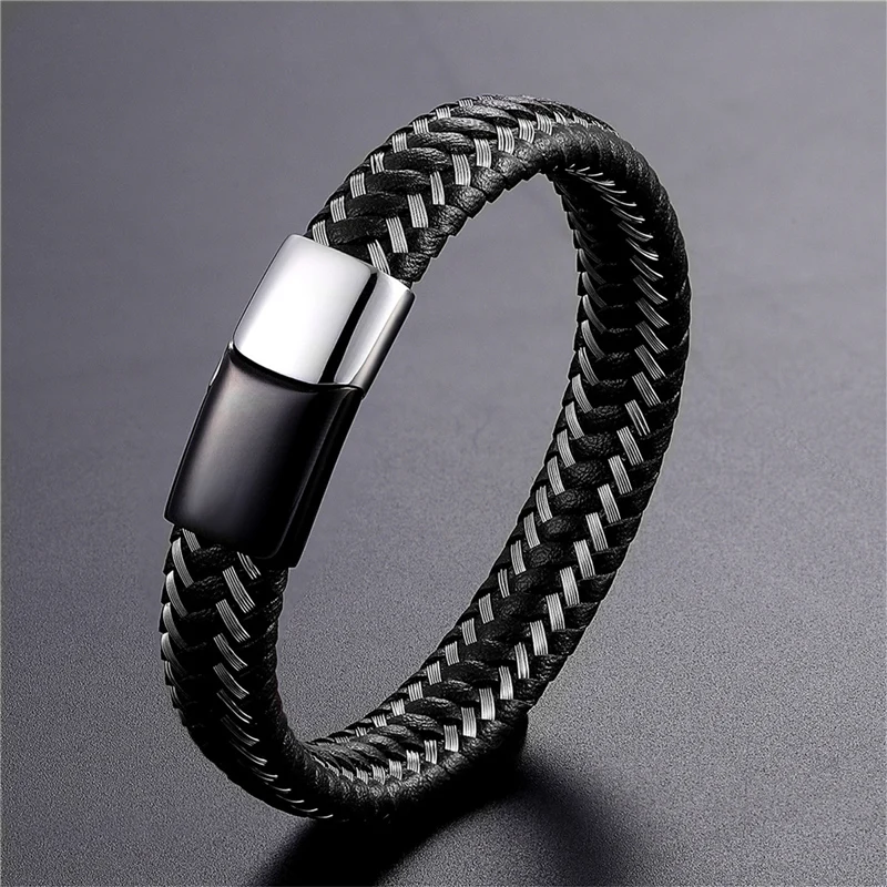 2019 New 12mm Casual Woven Leather Bracelet Men\'s Bracelet Ladies Stainless Steel Bracelet Black Brown Jewelry Gift 19/21/23cm