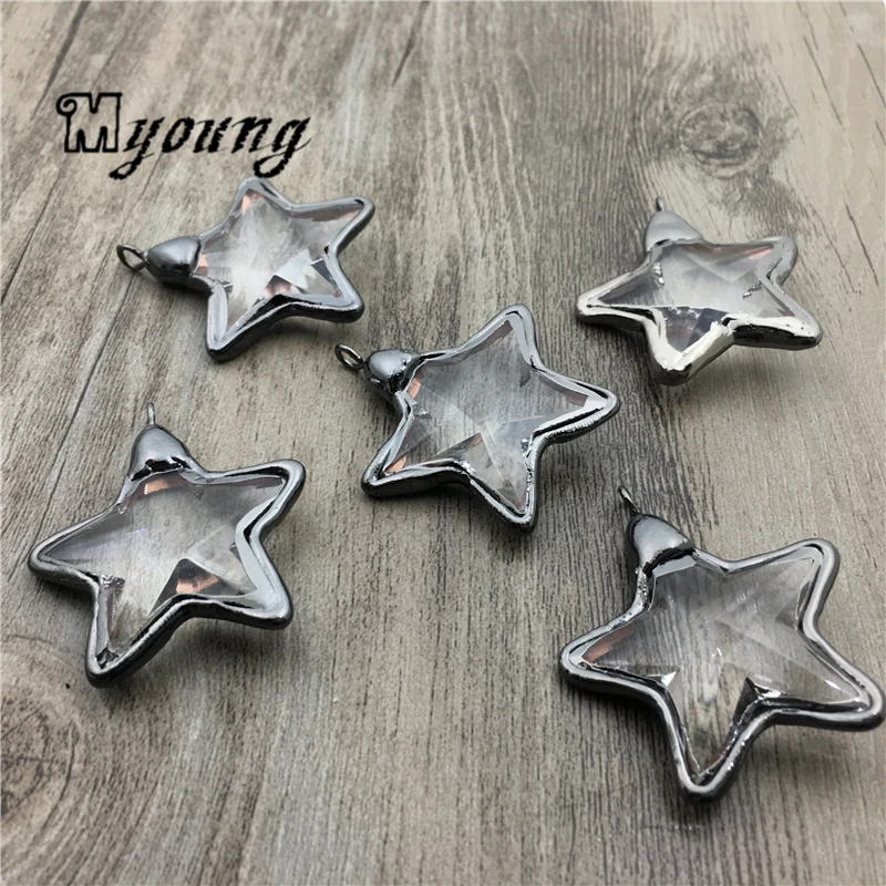 Five Star Shape Faceted Glass Crystal Quartz Pendant with Gun Black plated Edges For Necklaces Jewelry Making  MY1990