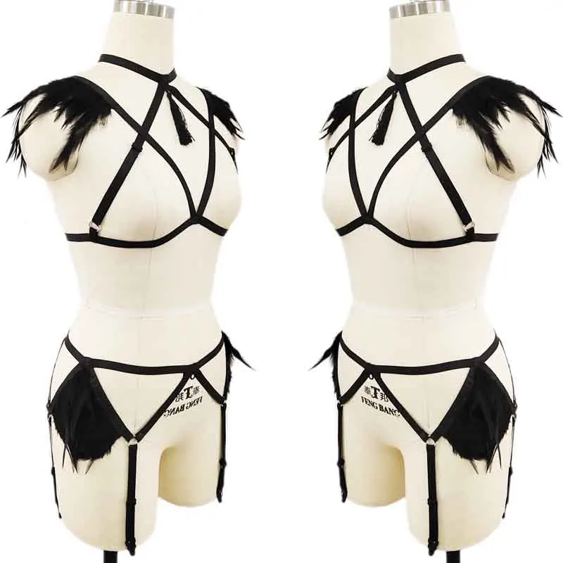 Feather Tassel Pendant Body Harness Set Sexy Lingerie Pastel Goth Rave Harness Woman Bra and Wedding  Garter Belt