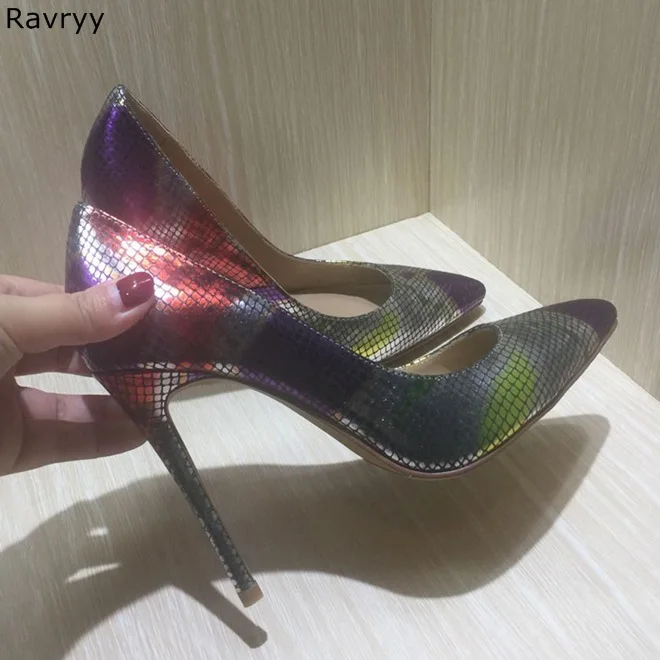 

High Quality Metal Color red purple snakeskin Sexy Pumps Woman high heel Pointed Toe shoes female stiletto heels OL out fits