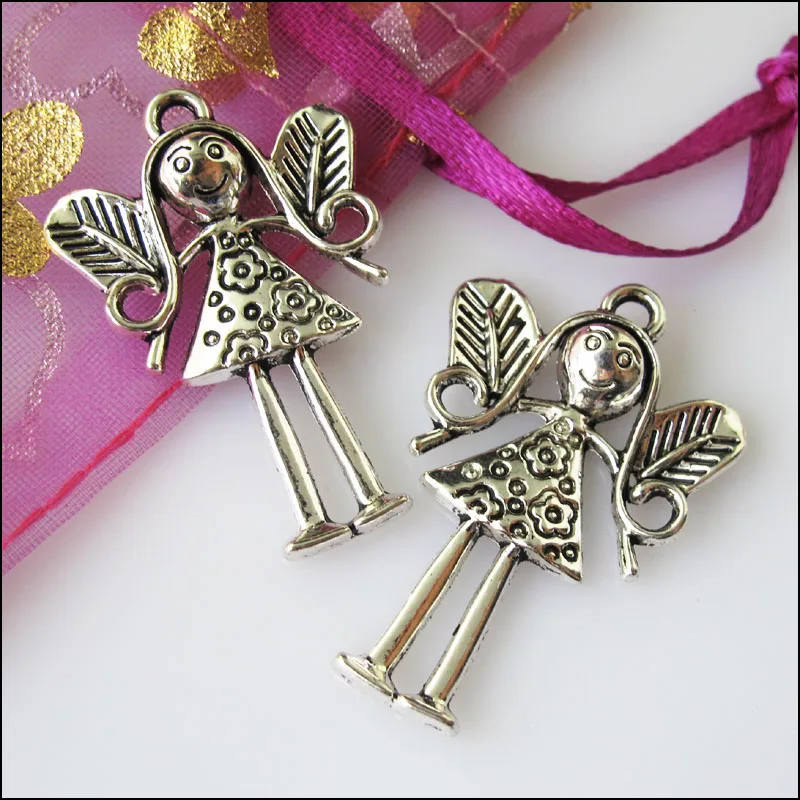 10Pcs Antiqued Silver Color Angel Wings Charms Pendants 24x36.5mm