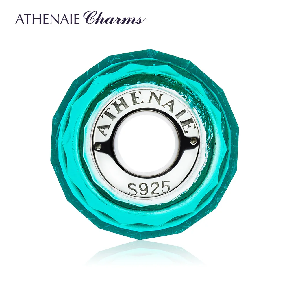 ATHENAIE Real 925 Silver Faceted Murano Glass Beads Fascinating Iridescence Teal Shimmer Charms Bead Fit All European Bracelet