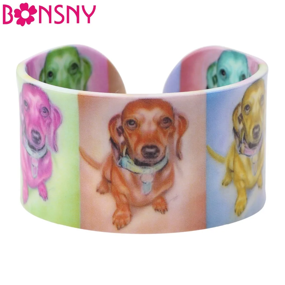 Bonsny Acrylic Colorful Long Haired Dachshund Dog Bangle News 2017 Fashion Jewelry For Women Girl Spring Summer Bracelets