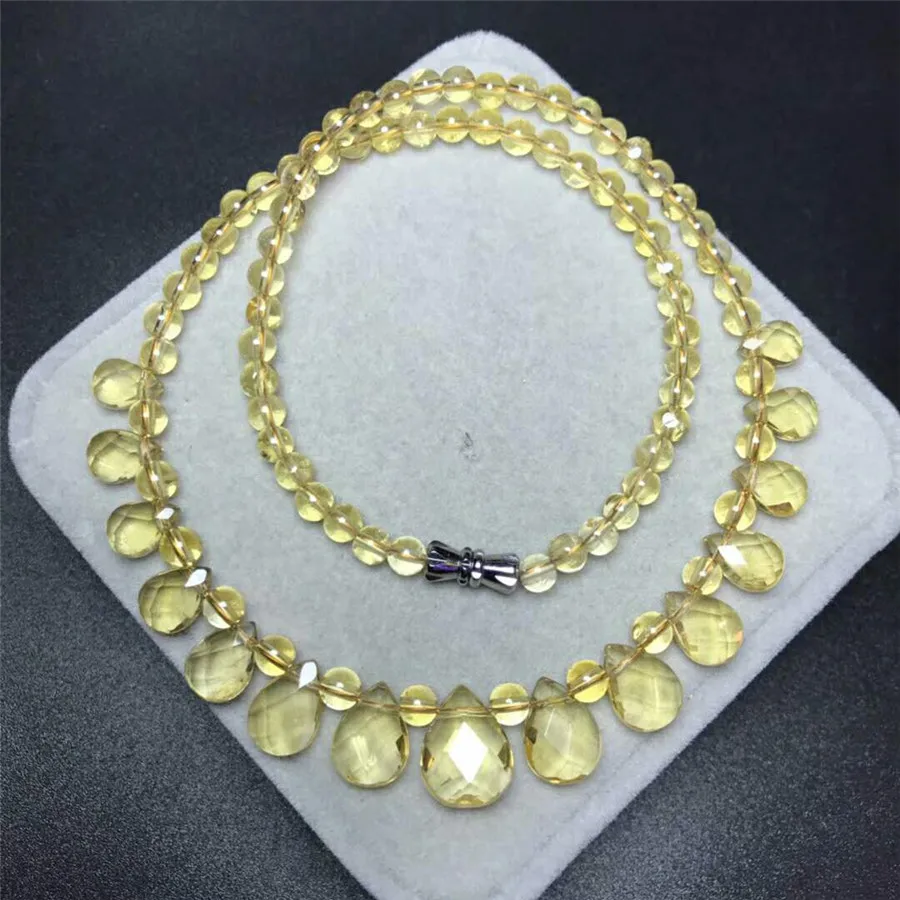 Natural Yellow Citrine Quartz Necklace Women Clear Water Drop Beads Citrine 10mm Water Drop Pendant Long Chain Necklace AAAAA