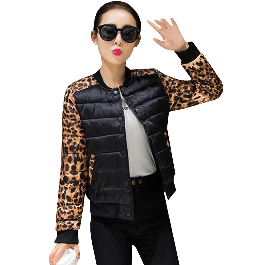 New Autumn Winter Women Short Parka Coat Slim Thin Down Cotton Padded Jacket Leopard Flower Outwear Female Warm Coats Tops AB481