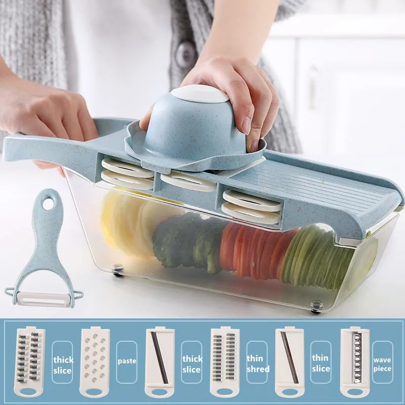 Slicer Vegetable Cutter Grater Chopper Julienne Slicer Environmental Wheat Straw Material-6 Interchangeable Blades with Peeler,H