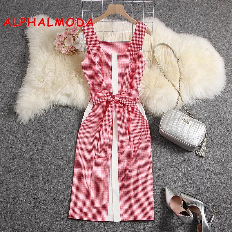 ALPHALMODA-Women\'s Elegant Dress, Sleeveless, Uncovered Buttons, Slim Fit Sashes, Mid-calf, Summer Fashion, 2019, New