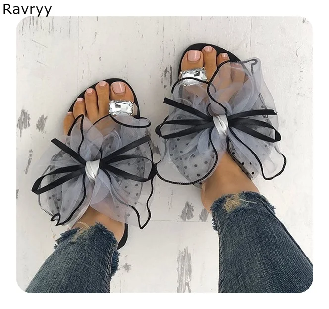 

Crystal Shoes Summer Flipflop Woman sandals Lace Flower Bowtie decor flats female party beach dress shoes