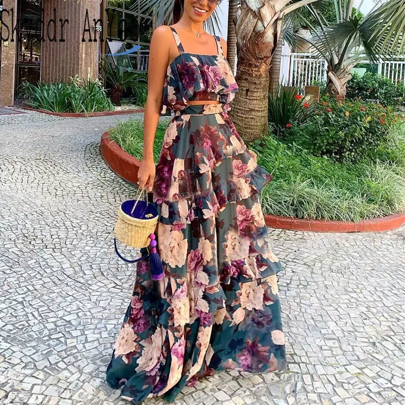 Women Summer Boho Beach Two Piece Set Sexy Skirt Set Crop Top+Maxi Long Skirt Floral Printed Ruffles High Waist Casual Two Piece